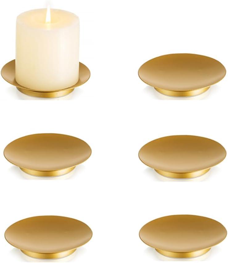 Iron Plate Candle Holder - Gold Plate for Pillar Candles, Set of 6 Tray, Dish, Decorative Pedestal Stand for LED & Wax Candles, Weddings, Party, Home Decor (6 Pcs, Gold)