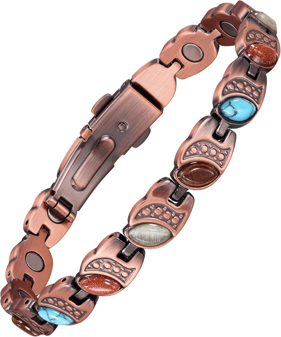 Jecanori Ultra Strength Copper Magnetic Bracelets for Women with 3800 Gauss Magnets &Natural Turquoise & Adjustable Tool (Iridescent)