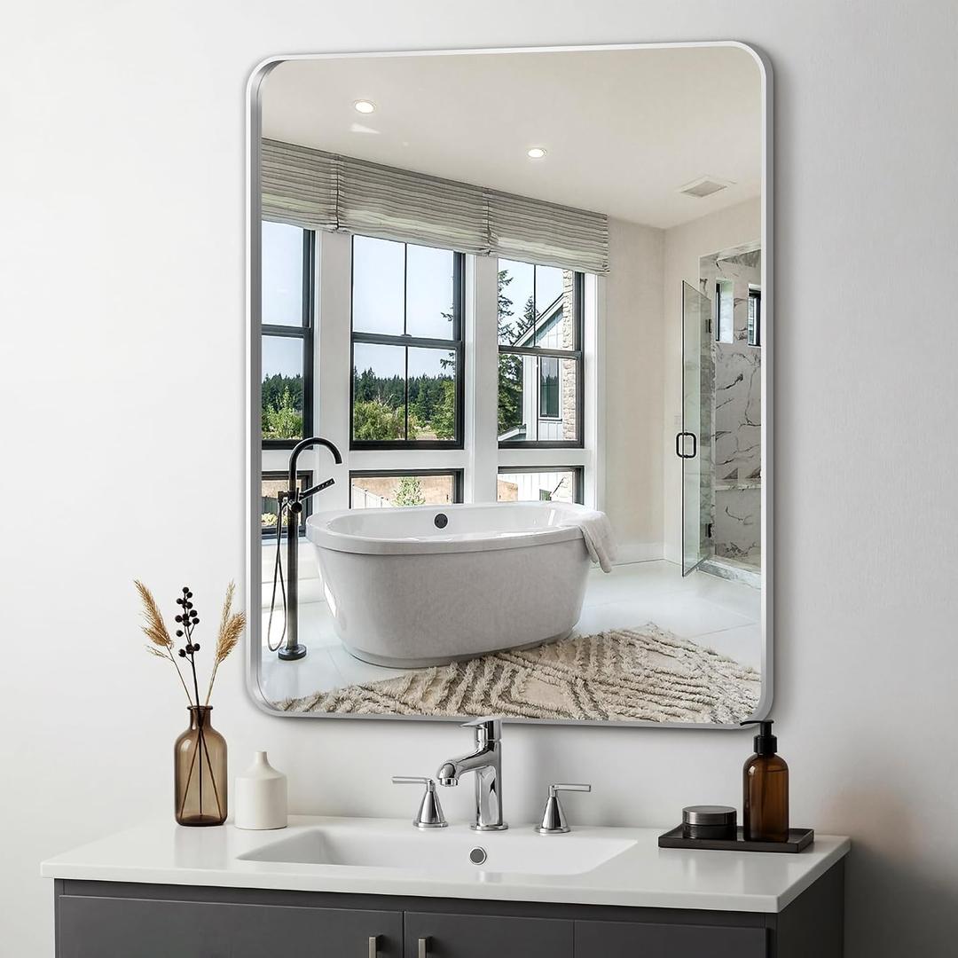 Delma Bathroom Vanity Mirror, Black Framed Bathroom Mirror for Over Sink, High-Definition Bathroom Mirror, Versatile Bathroom Vanity Mirror, Hangs Horizontally or Vertically(36x30, Silver)