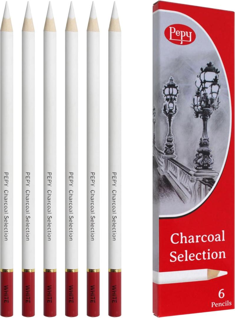 Pepy Professional White Charcoal Pencil Set  Set of 6 Pre-Sharpened White Charcoal Pencils; Perfect for Drawing, Sketching, Blending and Shading