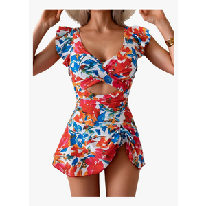 Swimdress Swimsuit for Women Tummy Control Ruffle Swim Dress Skirt V Neck Cutout Wrap Bathing Suit, 2 XL