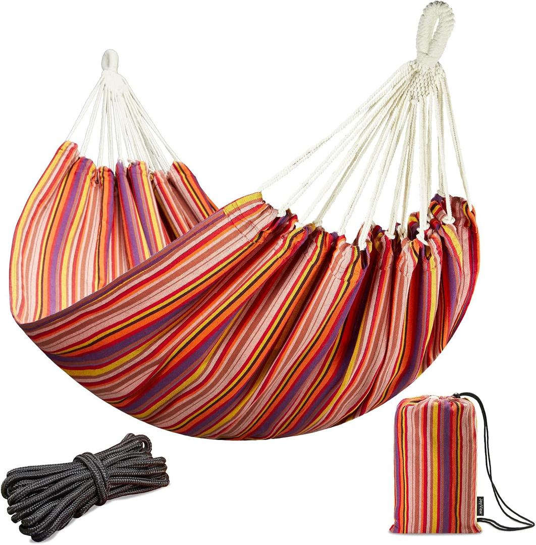 JoyView Brazilian Double Hammock with Hanging Ropes Extra Large 86.6x59 Portable Cotton Hammock for Patio Backyard Porch 450LBS Weight Capacity Perfect for Outdoor/Indoor - Red Stripes