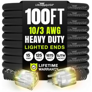 100ft Outdoor/Indoor Extension Cord 10/3 Gauge Ultra Heavy Duty 3 Prong SJTW, Waterproof, Flexible Cold-Resistant Long Power Cord,15A 125V 1875W, Black by LifeSupplyUSA