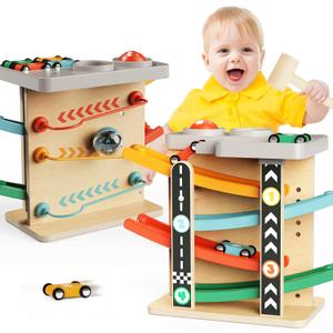 2 in 1 Pound Ball Toy & Car Ramp Race Track, Toddler Toys for 1 Year Old Boy & Girl, Learning Early Developmental & Educational Montessori Toys for Toddler 1-3 Year Old Birthday Gifts