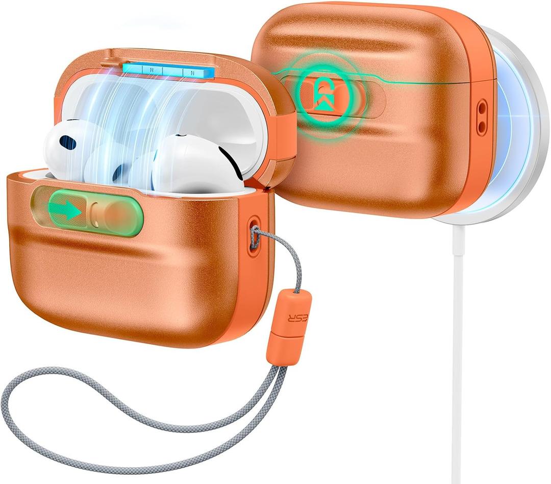 ESR for AirPods Pro 3 Case (2025), Compatible with AirPods Pro 3 (USB-C Cable), MagSafe Ready, Magnetic Lid Lock, Full Drop Protection Cover with Lanyard, Orange