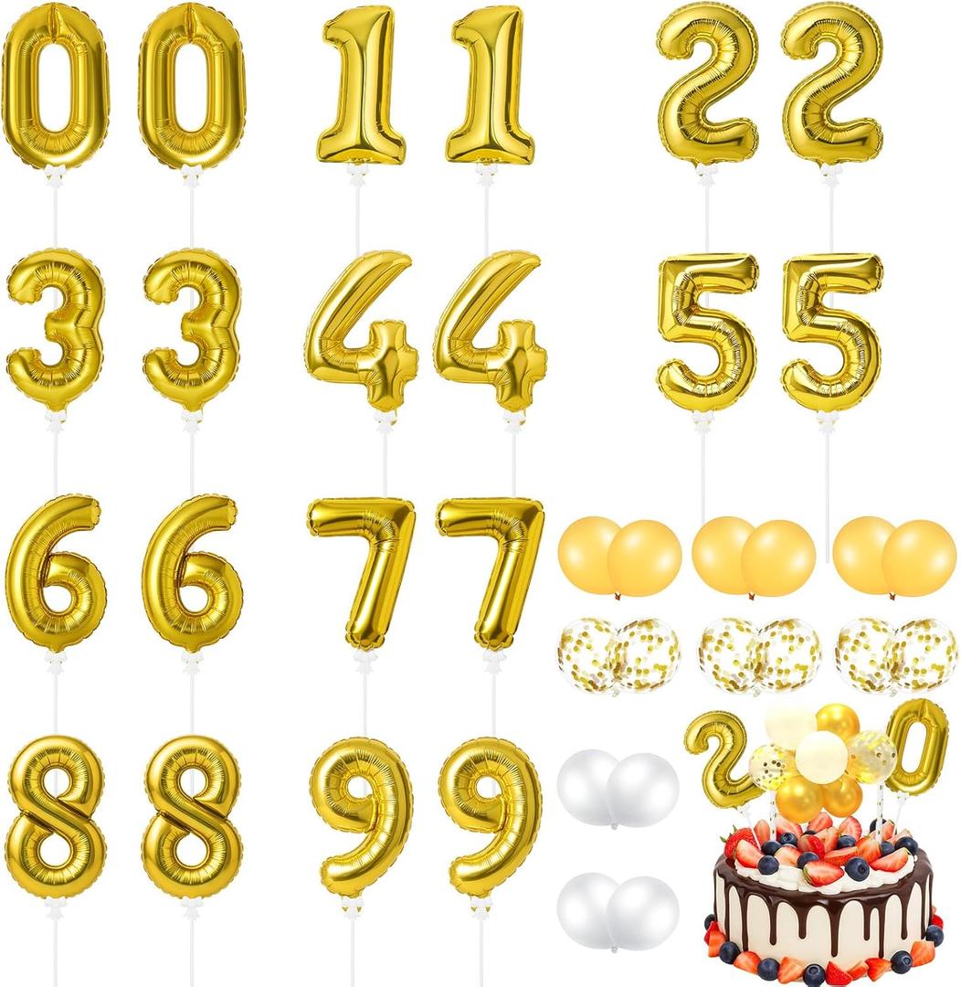 Gejoy 36 Pack 5 Inch Mini Number Balloon Foil Cake Topper Number Avoid Violent Hitting 0-9 Balloons Set with Inflation for Birthday Party Engagement Anniversary Baby Shower Decor(Gold)