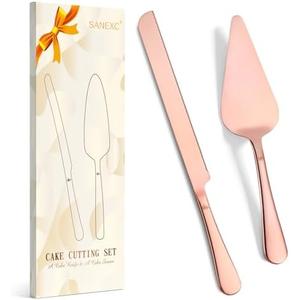 SANEXC Cake Cutting Set for Wedding - Extended Cake Knife And Server Set Thickened Stainless Steel Cake Cutter and Pie Spatula Great for Birthday Anniversary Christmas Gift, Rose Gold, 2 Pcs