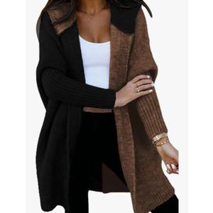 Astylish Women 2025 Fall Outfits Open Front Long Sleeve Hooded Knit Cardigan Sweaters Color Block Outwear Coats L