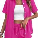 Rapbin Women 2 Piece Workout Linen Sets Two Piece Business Button Down Short Sleeve Shirts Sets Fashion Going Out Outfits Hot pink L