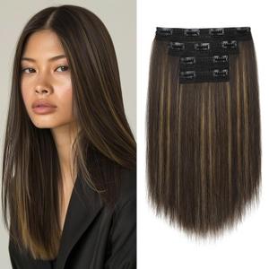Hair Extensions, 14" Short Clip in Hair Extensions 4PCS Straight Natural Soft Synthetic Hairpiece for Women - Dark Brown with Highlights