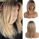 Esmee 16 Inches Long Straight Blonde Layered Synthetic Hair Wigs for Women with Dark Roots for Daily Party Use