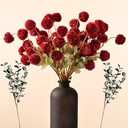 RyddeligHome Faux Red Flowers Artificial 10 Long Stems + Eucalyptus, Burgundy Colored Silk Mum Flowers for Decor, Fall Table Centerpieces, Dark Red Faux Mums