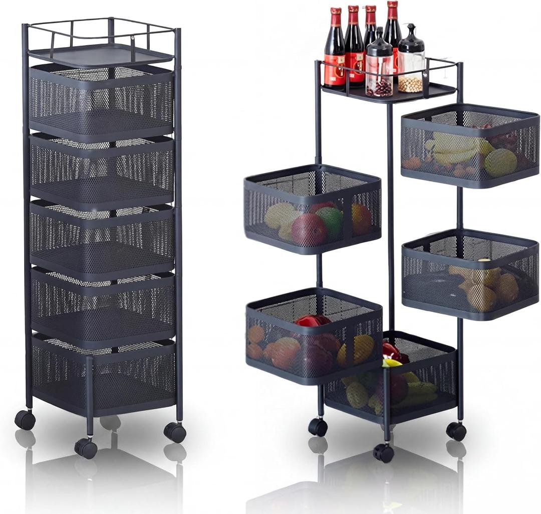37.6in Metal Mesh 5 Tier Rolling Storage Cart with Top Lid, Rotating Kitchen Storage Cart with No Assembly, Organizador De Frutas y Verduras, Rolling Cart Organizer for Fruit Vegetable Grocery, 37.5in