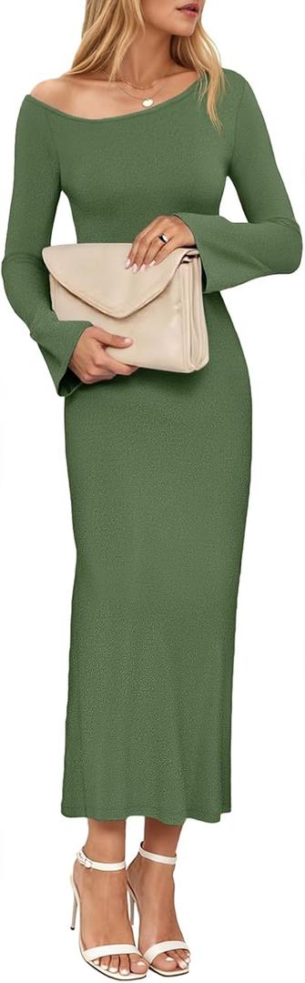 Wenrine Womens Fall Off The Shoulder Bodycon Sweater Dress 2025 Formal Long Sleeve Elegant Cocktail Party Maxi Dresses (Green)