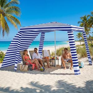 Beach Cabana, 6.6'6.6' Portable Beach Canopy with Side Wall, Easy Up UPF 50+ Beach Tent Sun Shelter with Sand Pockets, Waterproof Cabana Umbrella Tent for Family, Backyards, Camping, Blue Stripe
