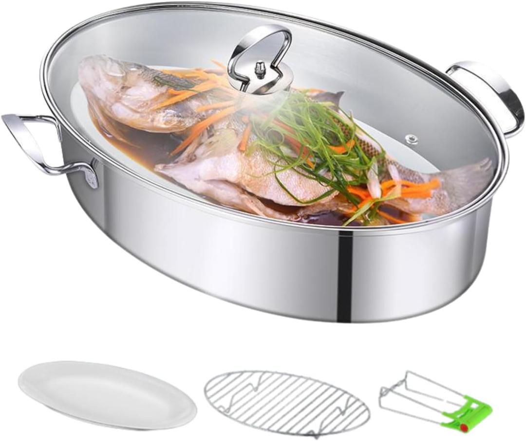 Stainless Steel Fish Steamer, Fish Steamer for Cooking Multi-Use Oval Pasta Pot/Braiser with Rack, Ceramic Pan, Chuck, Stockpot for Steaming Fish, Boiling Soup