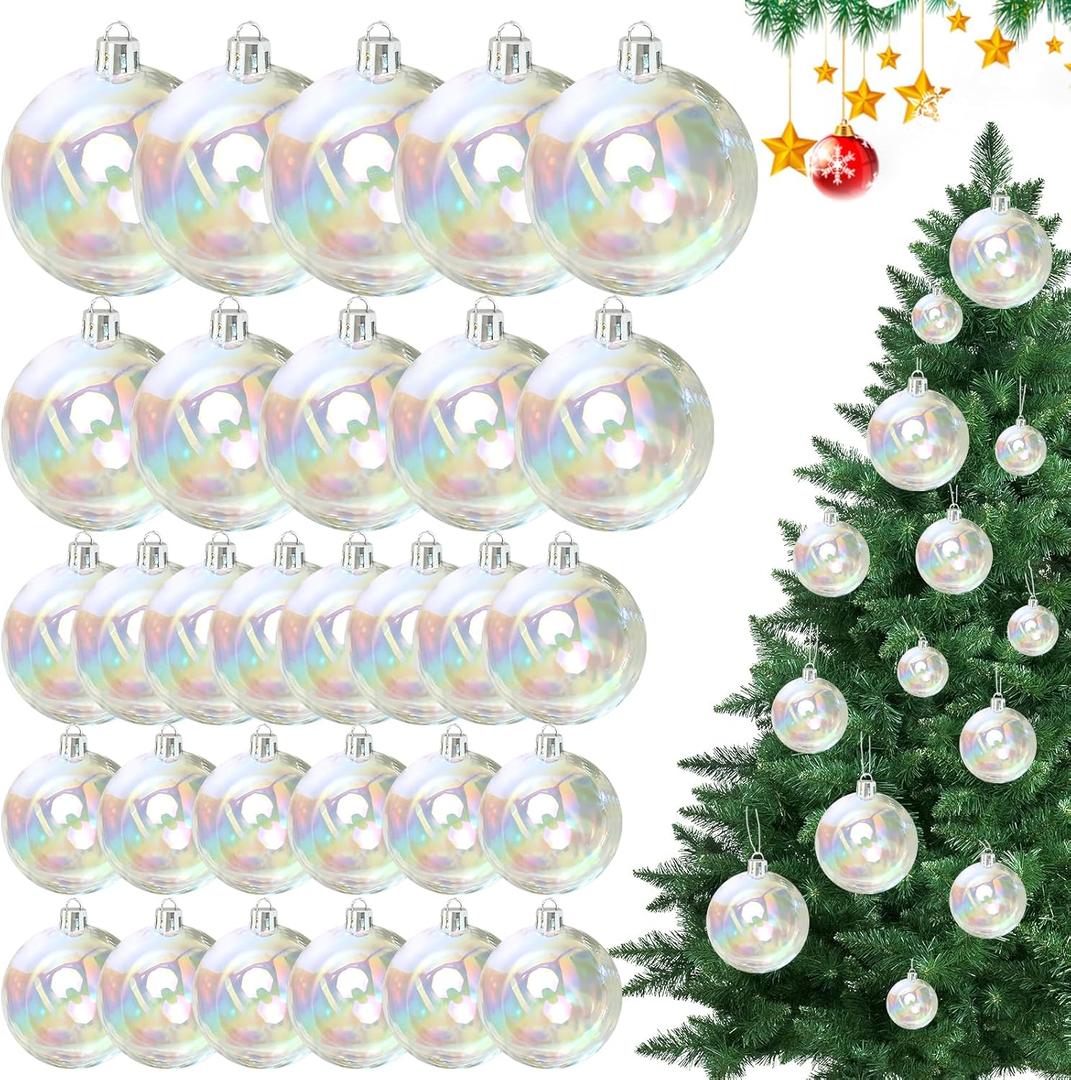 30Pcs Iridescent Ornaments Balls Clear Plastic Ornaments Christmas Ornament Ball Sparkly Christmas Bubble Clear Balls for Cauldron, Witch Brew Pot, Halloween Decorations, Xmas Tree Decor (4 Sizes) (12x3cm & 8x4cm & 5x5/6cm)