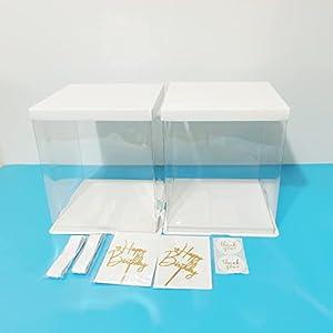 2pcs Clear Square Cake Box 10x10x12 inch White Base and Folded Lid, Plastic Wedding Birthday Cake Package Transparent Bakery Gift Package Suitable for 6/7/8/9 inch 3 Tier Cakes