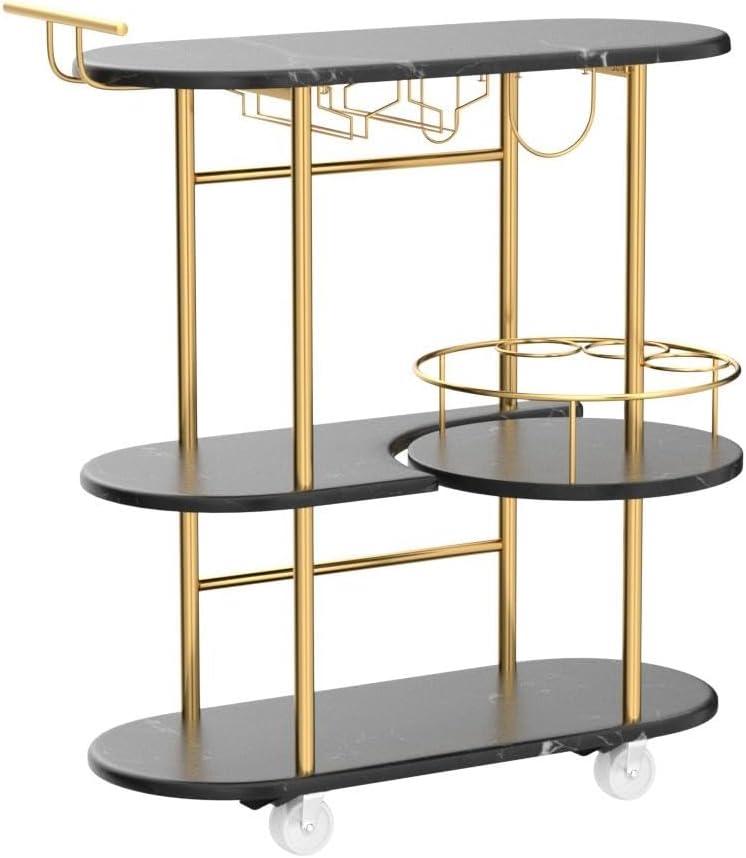 PAUKIN Black Bar Carts with 4-Tier Storage Shelves, Mobile Bar Serving Cart with Wine Rack and Glass Holder, for The Home, Kitchen, Living Room, Dining Room