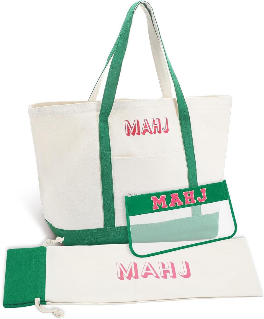 3 Pcs Empty Mahjong Canvas Bag Gift Embroidered American Mahjong Set Incl Tiles Bag and Racks & Pushers Drawstring Bags(Green,Regular)