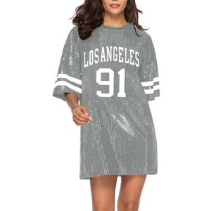 Nagfar Women Sequin Football Jersey Dress Birthday Party Short Sleeve Sports Casual Dress Sexy Club Night Out Clubwear(S23178,Grey,XL)