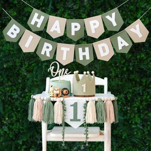 DCJHFJ Wild One High Chair Banner Felt Green Happy Birthday Banner Pre-Strung Birthday Party Decorations for 1st Birthday Decorations Boy
