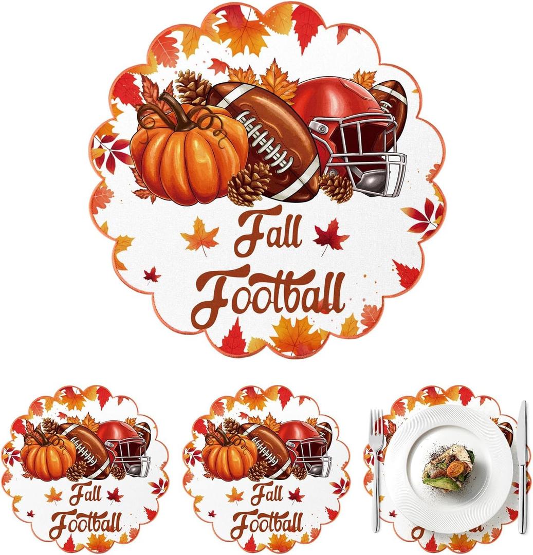 Fall Football Placemats Set of 4 Scalloped Fall Cotton Linen Placemats 13.5 Inch Autumn Football Maple Leaf Placemats Thanksgiving Table Mats for Harvest Party Home Kitchen Dining Table Decorations