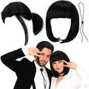 7 Pcs Halloween Classic Film Character Couples Accessories Costume Set Short Black Pigtail Synthetic Hair Wigs Bolo Tie Straight Bob Wig Retro 90s Movie Cosplay Set for Adult Couple Cosplay