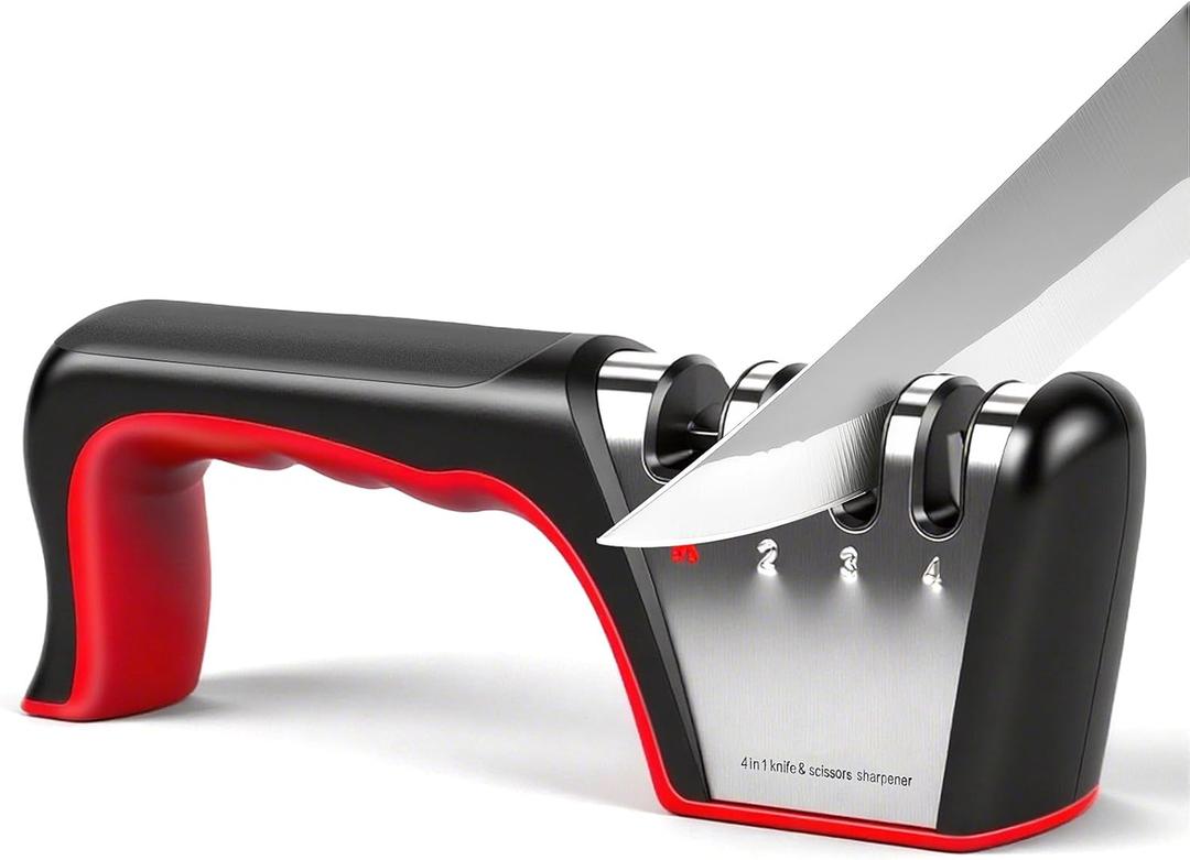 4-in-1 Knife Sharpener, Sturdy Manual Knife Sharpeners for Kitchen Knives, Professional Ergonomic Knife Sharpening Kit with 4 Stage Sharpening Slots, Portable Knife Sharpener for Knives, Scissors