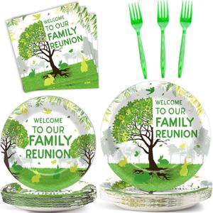 100Pcs Family Reunion Party Decorations Family Tree Reunion Plates Napkins Green Tree Welcome to Our Family Reunion Tableware Set Spring Family Reunion Party Supplies for Family Gathering 25 Guests