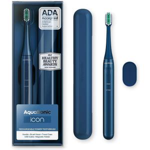 Aquasonic Icon ADA-Accepted Rechargeable Toothbrush | Magnetic Holder & Slim Travel Case | 2 Brushing Modes & Smart Timers | Gentle Micro-Vibrations (Navy) (1 Count (Pack of 1))