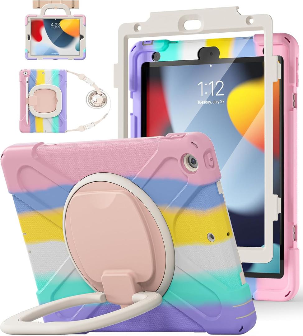 BATYUE for iPad 9th/ 8th/ 7th Generation Case (iPad 10.2 inch Rugged Case 2021/2020/2019) with Screen Protector, Rotating Stand/Pencil Holder/Carrying Shoulder Strap (Colourful Pink)