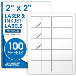 2" X 2" Square Printable Labels Compatible with Inkjet and Laser Printers - 100 Sheets, 2000 Matte White Paper Stickers for Logos, Product Labeling, and QR Codes - Spartan Industrial Template S002