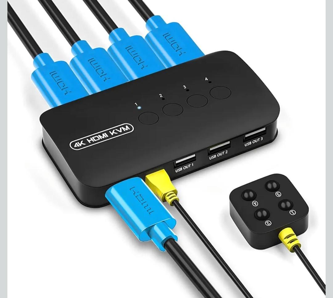 4K HDMI KVM Switch, 4 Port HDMI USB Switch for 4 Computer Share a 4K@30Hz Monitor and 3 USB Device Keyboard Mouse Printer, Including 4 KVM Cables