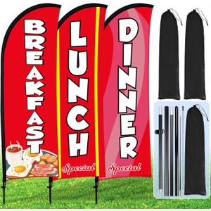 Buryeah 3 Sets Breakfast Lunch Dinner Feather Flags for BBQ Restaurant Advertising Breakfast Flag with Pole Ground Stake and Banner for Outside Ground(Red)