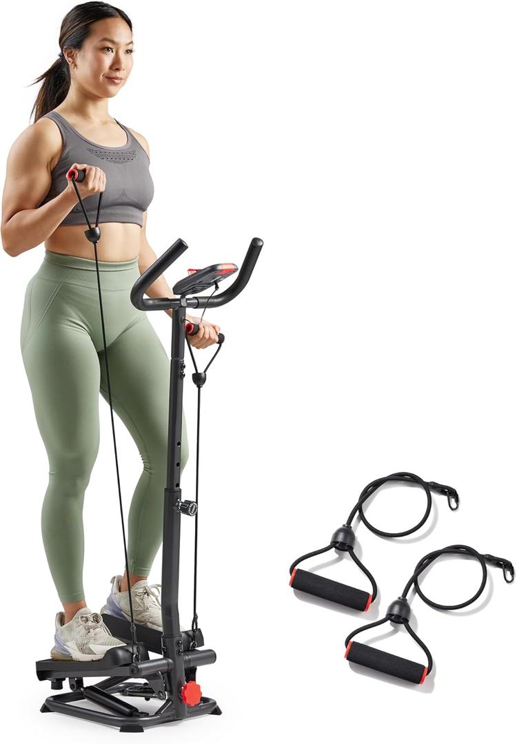 Sunny Health & Fitness Total Body 2-in-1 Smart Stepper Machine for Home with Handlebar and Resistance Bands (Grey)