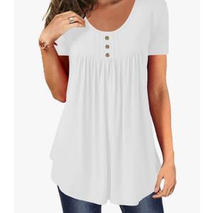 BeadChica Women's Tunic Tops For Leggings Short Sleeve Shirts Botton Up Casual Ruched Blouses Clothes, White , XXL