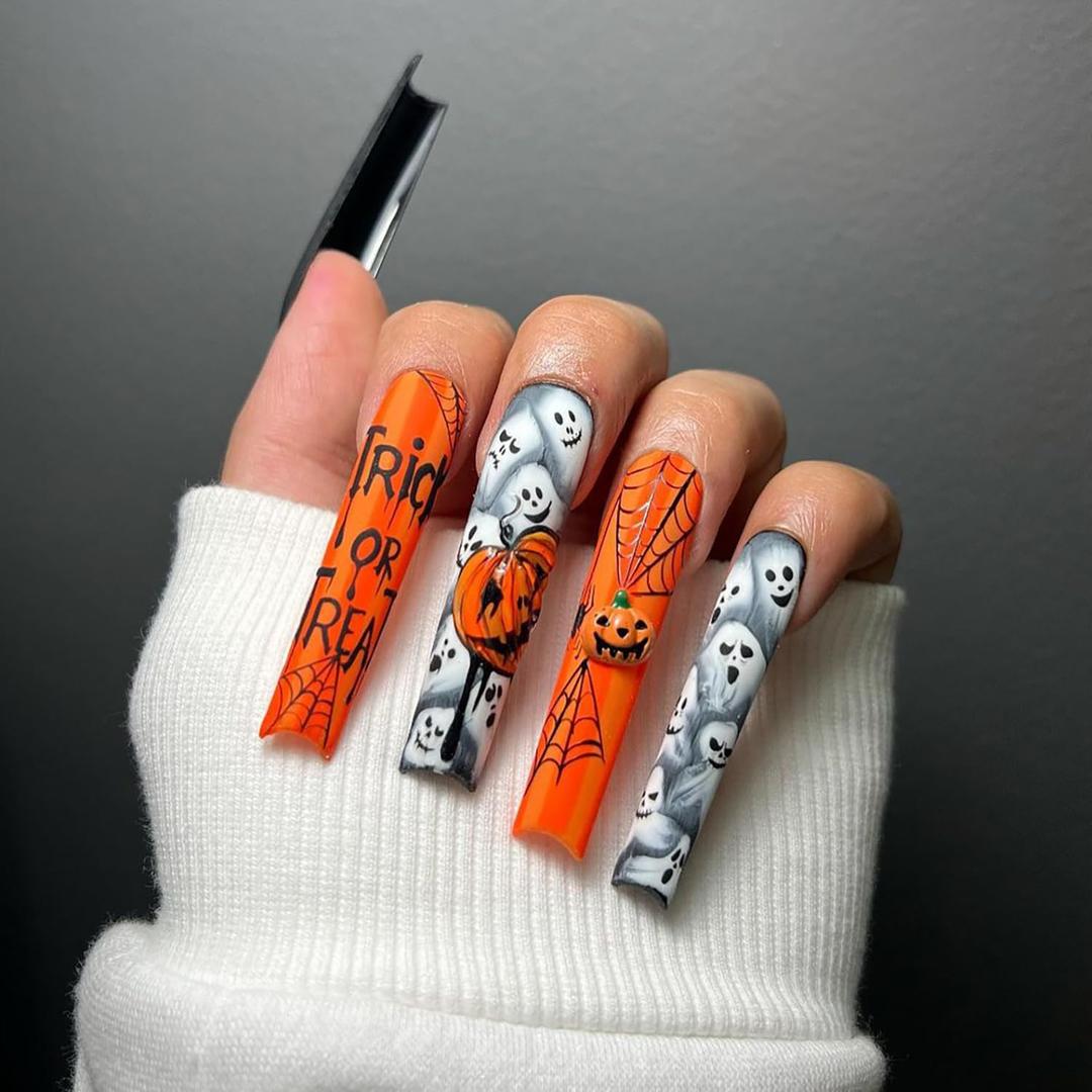 Halloween Press on Nails Long Square Fake Nails 3D Pumpkin False Nails with Designs Halloween Glue on Nails Spider Web Ghost Acrylic Nails Full Cover Orange Stick on Nails for Women Manicure 24Pcs