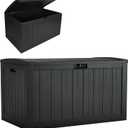 Suncast 134-Gal. Waterproof Resin Extra-Large Outdoor Patio Deck Box with Pad-Lockable Lid, Modern Outdoor Patio Bench/Storage Box for Cushions, Garden Tools, and More, Iron Ore