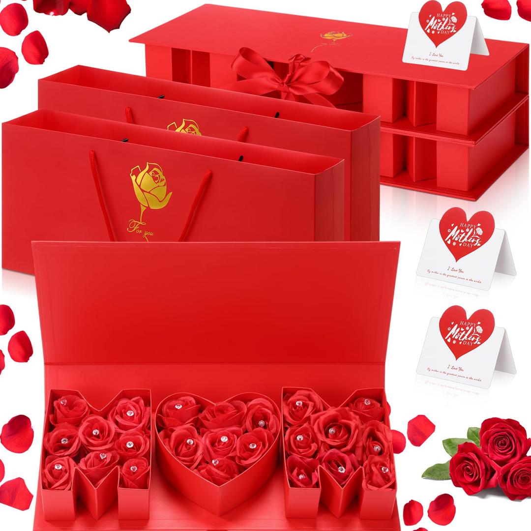 Ctosree 2 Sets Mother's Day Mom Flower Gift Box with 18'' x 7.7'' x 2.7'' Empty MOM Letter Shaped Box Gift Bags Greeting Cards for Mother's Day Birthday Flower and Arrangements(Red)