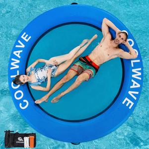 COOLWAVE Inflatable Water Hammock Floating Dock, Inflatable Raft for Family and Friends, Round Floating Ring for Parties, Water Float with Cup Holders for Pool and Lake, Blue+Light Blue, 8 ft