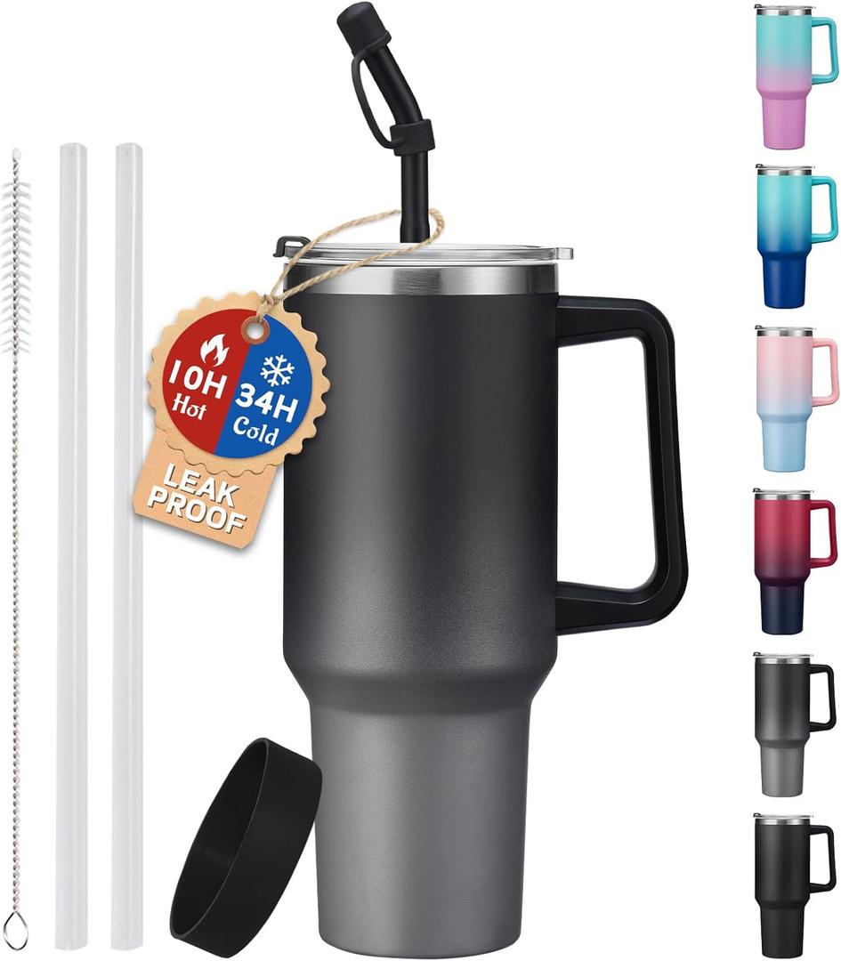 ICIOI 40 oz Stainless Steel Vacuum Insulated Tumbler with Lid and Straw for Water, Iced Tea or Coffee, Spill Proof Water Bottle with Handle, Leak Resistant Travel Mug Car Cupholder Friendly