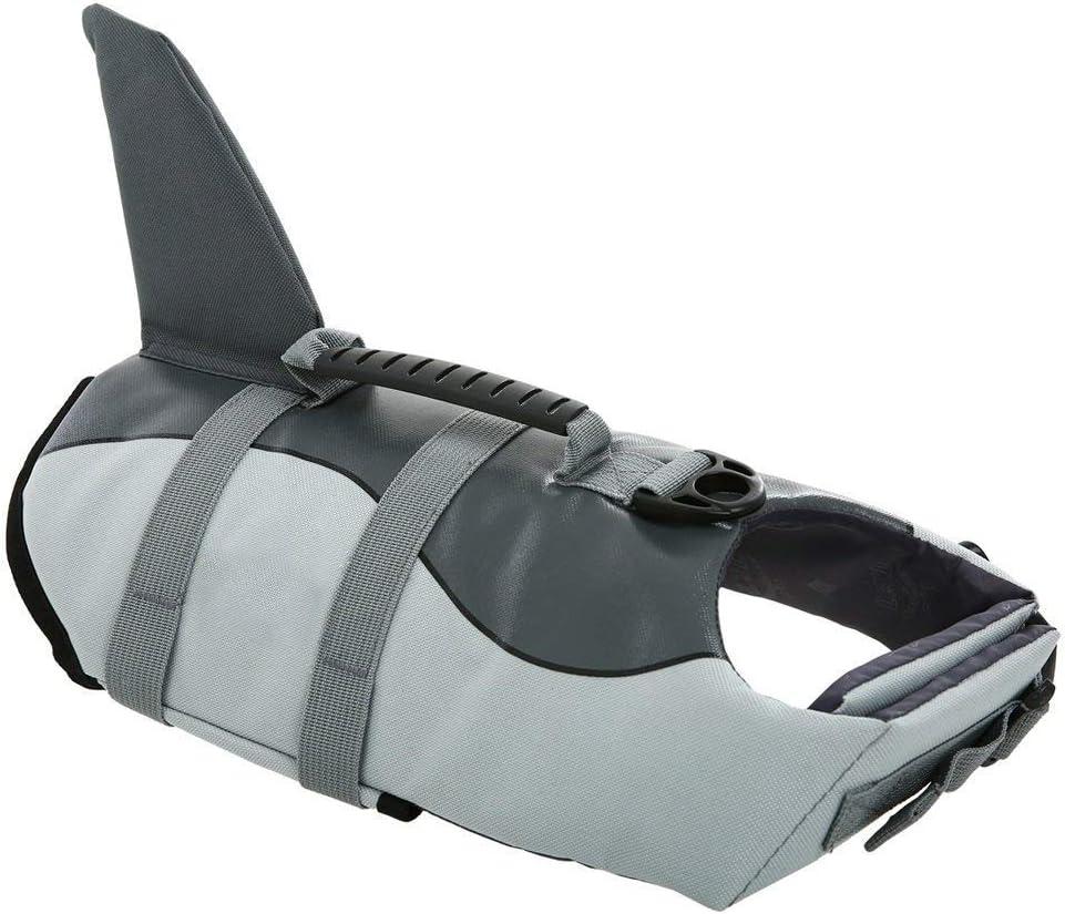 Queenmore Dog Life Jacket Ripstop Shark Dog Safety Vest Adjustable Preserver with High Buoyancy and Durable Rescue Handle for Small,Medium,Large Dogs, Grey Shark Large