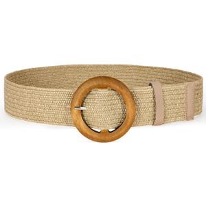 SANSTHS Womens Wide Elastic Belt, Boho Straw Braided Belt for Dresses Jeans Coats with Square Buckle (S:Fit waist size below 26 inch, Khaki(wooden Buckle))