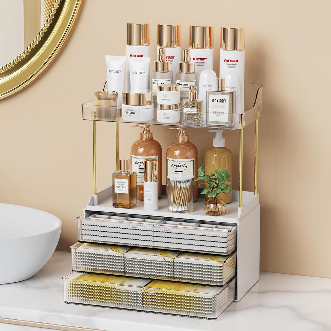 Anylady Bathroom Organizers and Storage, Makeup Organizer (Sturdy Durable Attractive), Ideal for Vanity, Countertop, Counter, Perfume, Skincare, Cabinet, Cosmetic, Dresser Organizer (White) (3 Drawers)