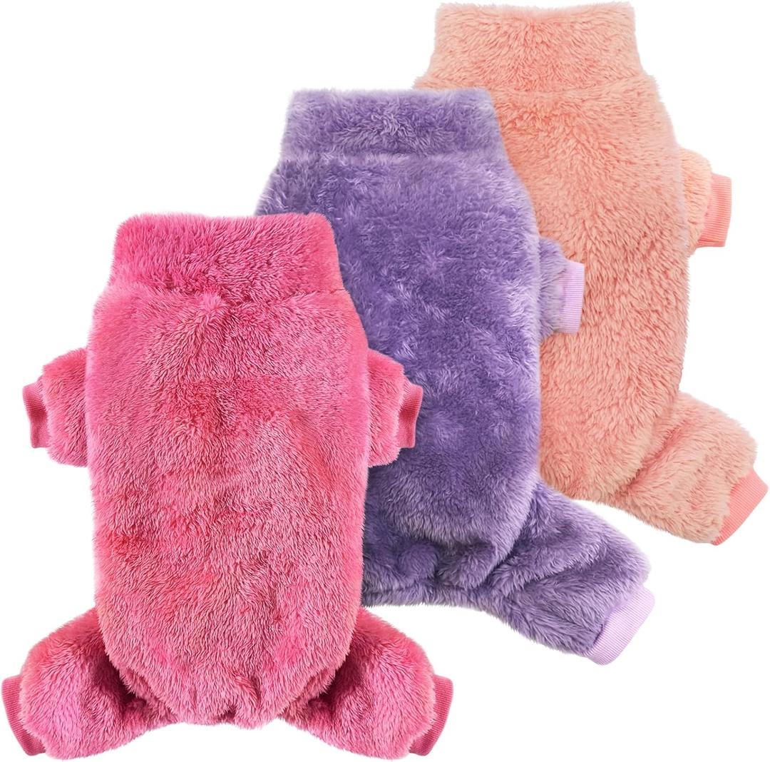 Idepet 3 Pack Fuzzy Velvet Dog Pajamas, Plush Dog Sweater Onesie Soft Pet Clothes Winter Outfit Doggy Pjs Puppy Jumpsuit, Cat Coat, Medium (Pink+Purple+RoseRed)