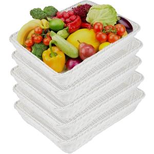 5 Pack Poly Wicker Bread Baskets 15.7x11.8x2.8 Inch, Restaurant-Grade Food Display Trays, Moisture-Resistant for Kitchen Storage/Tabletop Serving/Hotel Buffet (White)