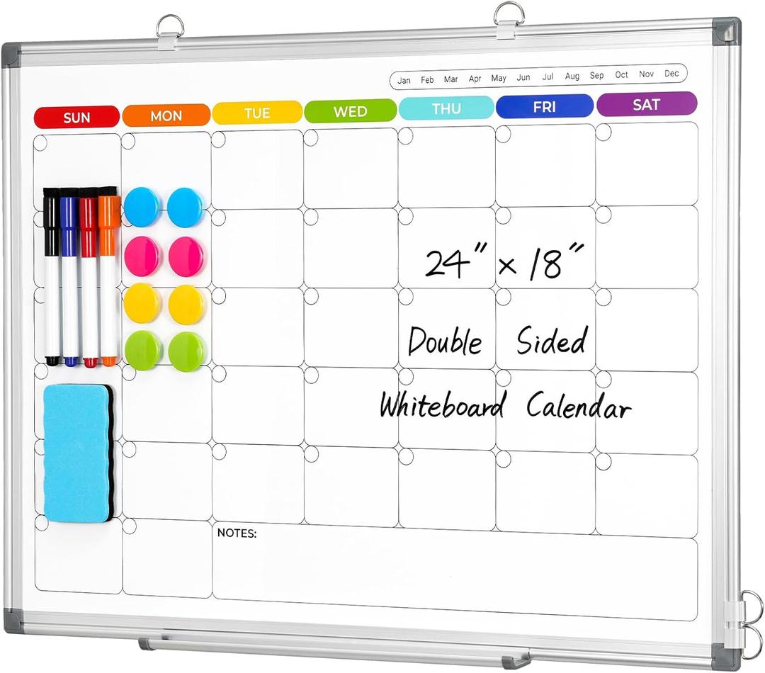 Colorful Dry Erase Calendar Whiteboard for Wall 24x18 Double-Sided Magnetic