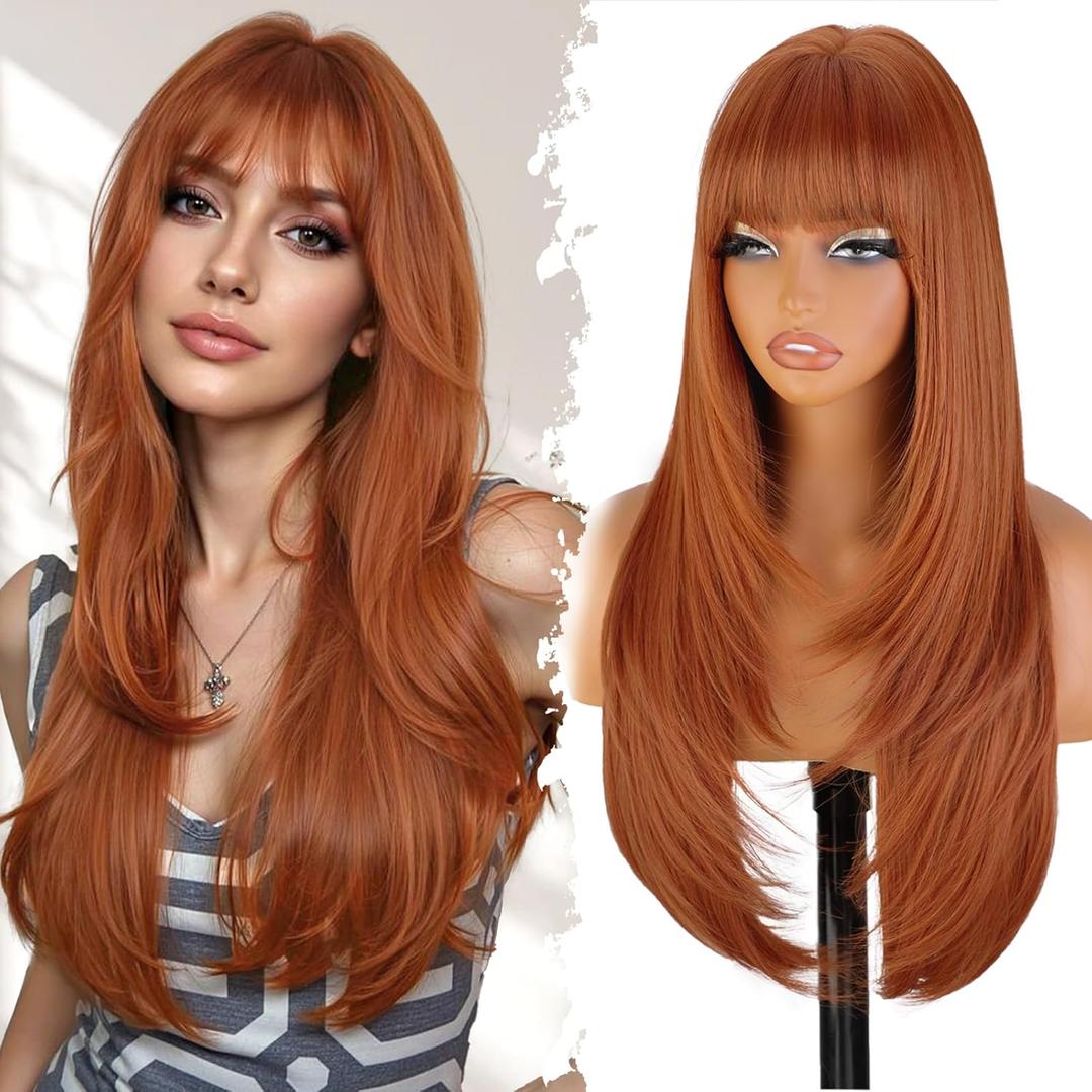 XIXIBI Ginger Wig with Bangs for Women,4x4 Realistic Scalp,Free Parting,Long Layered Wigs Realistic Synthetic Fiber Heat Resistant Natural Bangs for Daily Party Cosplay Use 26Inch