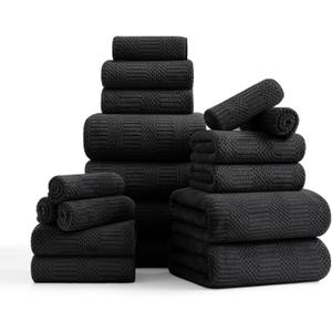 18 Pcs Black Woven Family Towels Set-6 Bath Sheets,6 Hand Towels,6 Washcloths Soft Polyester Towels Absorbent Shower Towel Quick Dry Beach Chair Towel Lint Less Towels Set for Bathroom Spa Gym Hotel